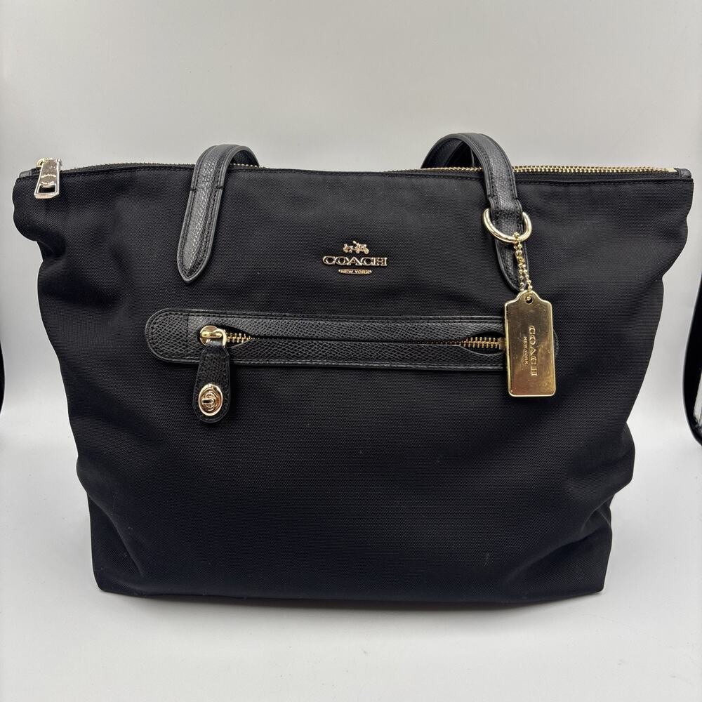 Coach Black Nylon Medium Tote Bag Shoulder Purse 10" Tall
